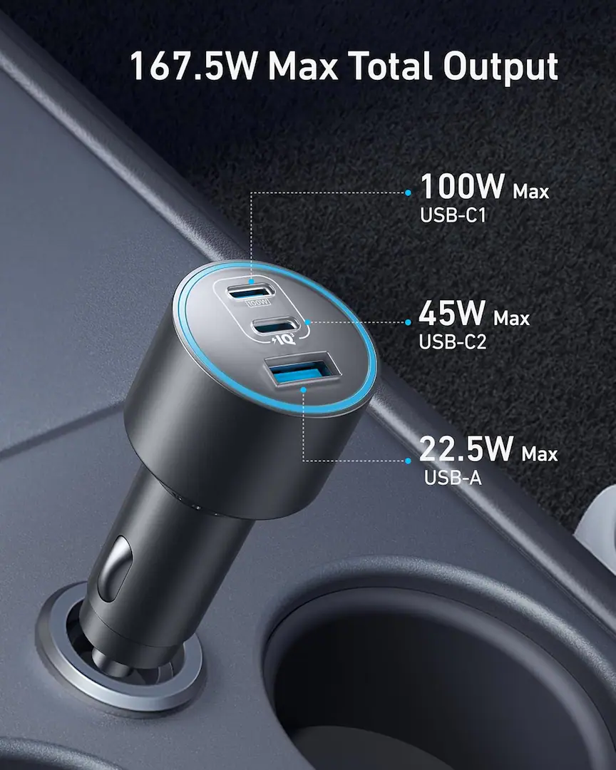 Anker - iPhone 17 USB-C Car Charger, 167.5W Max 3-Port - Gray - Image 2